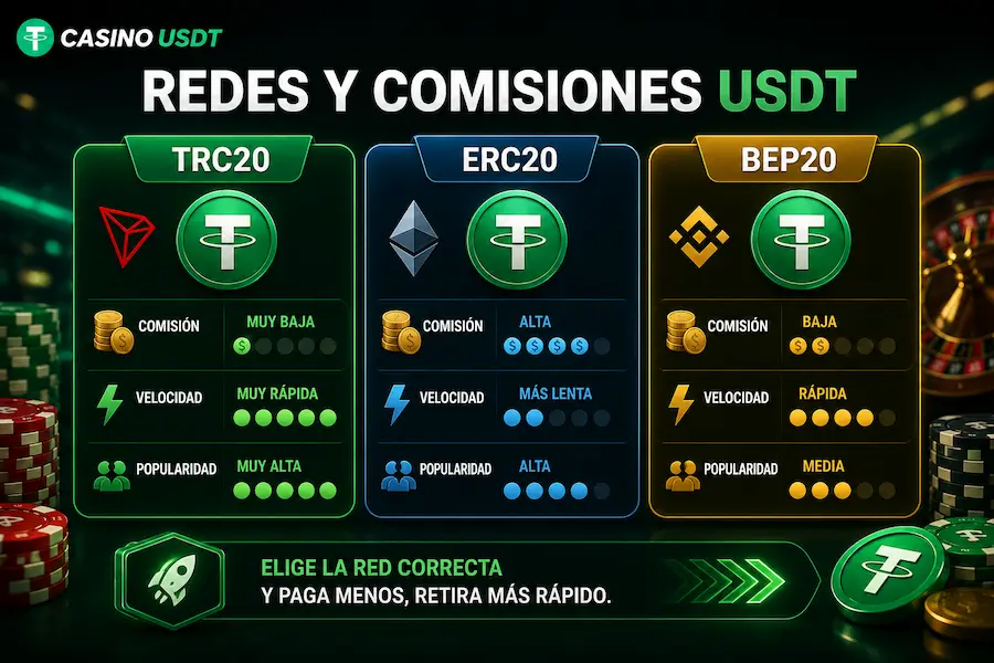 Casino USDT con redes TRC20 ERC20 y BEP20